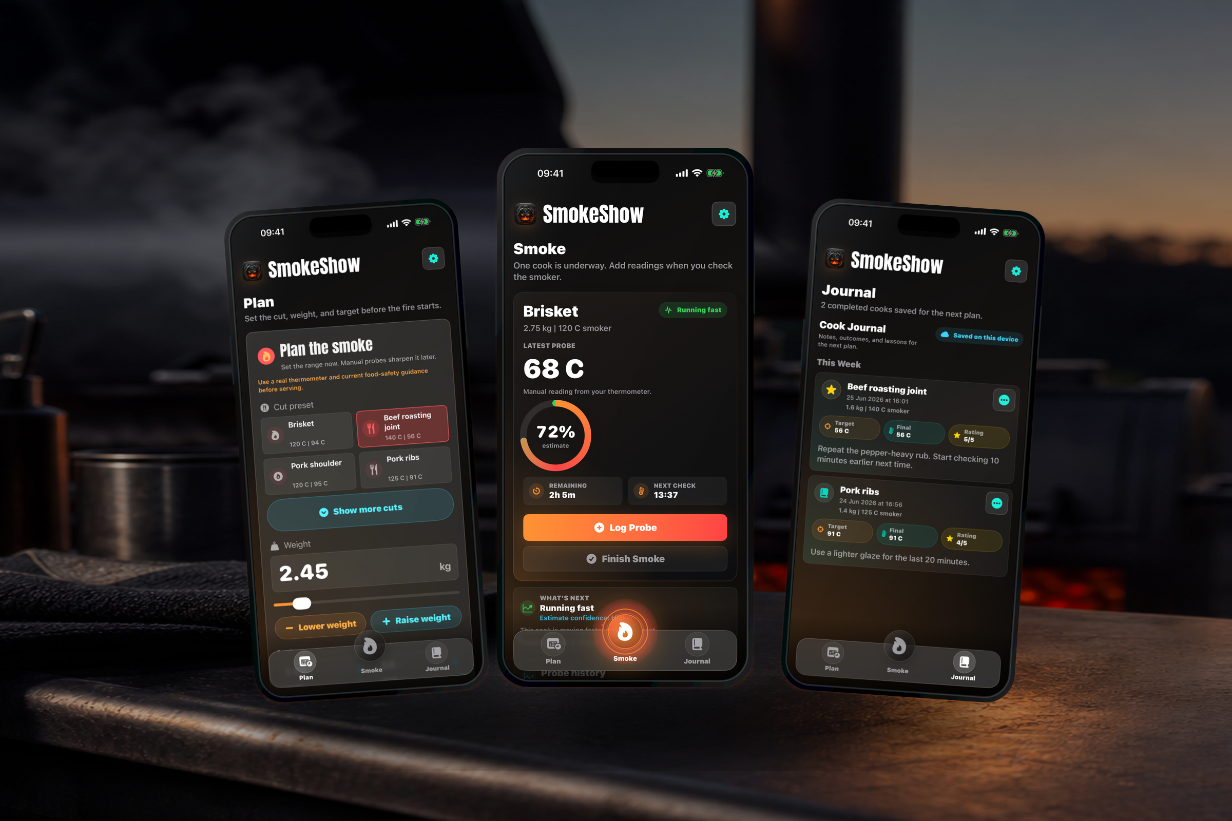SmokeShow current Plan, Smoke and Journal app UI shown across iPhone and iPad product renders
