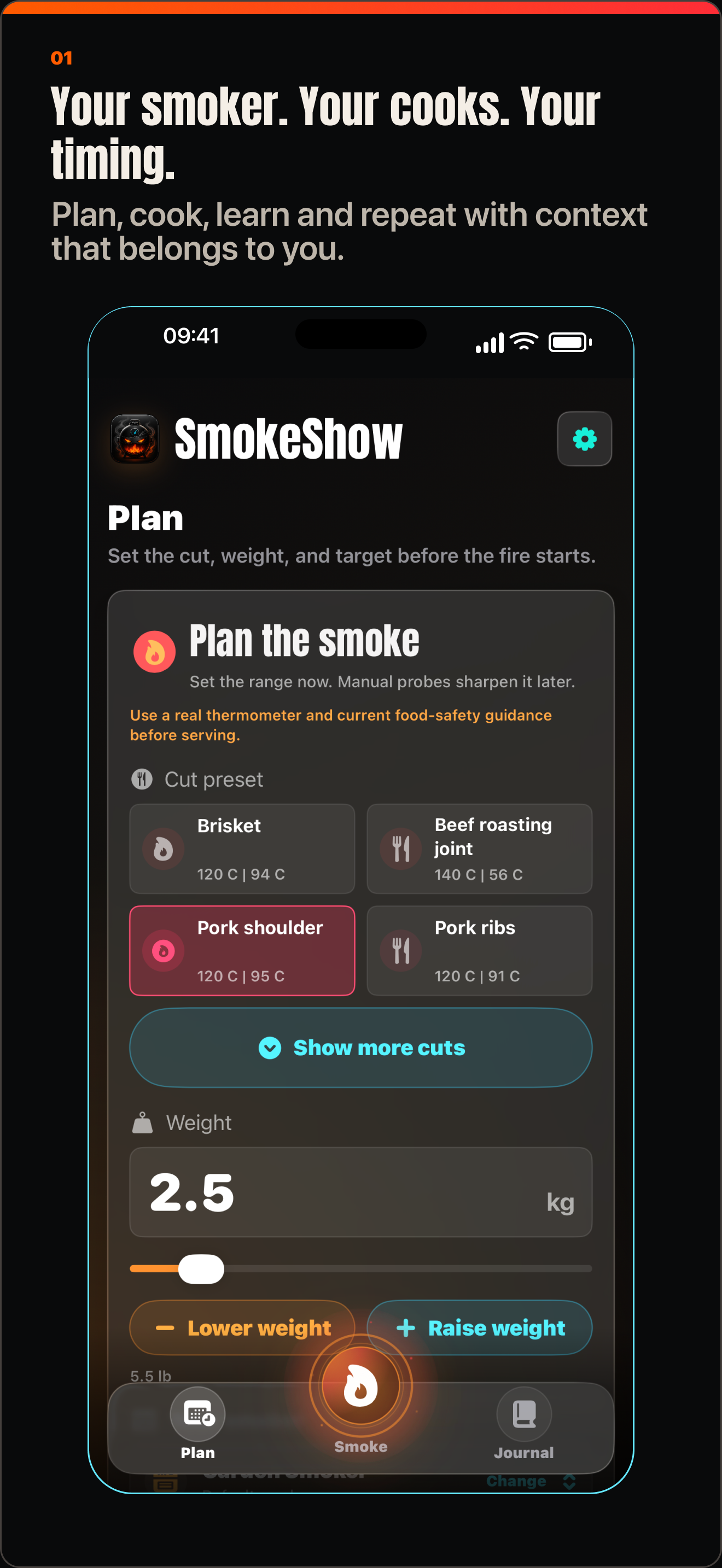 SmokeShow Plan screen on iPhone, showing cut, weight and target controls
