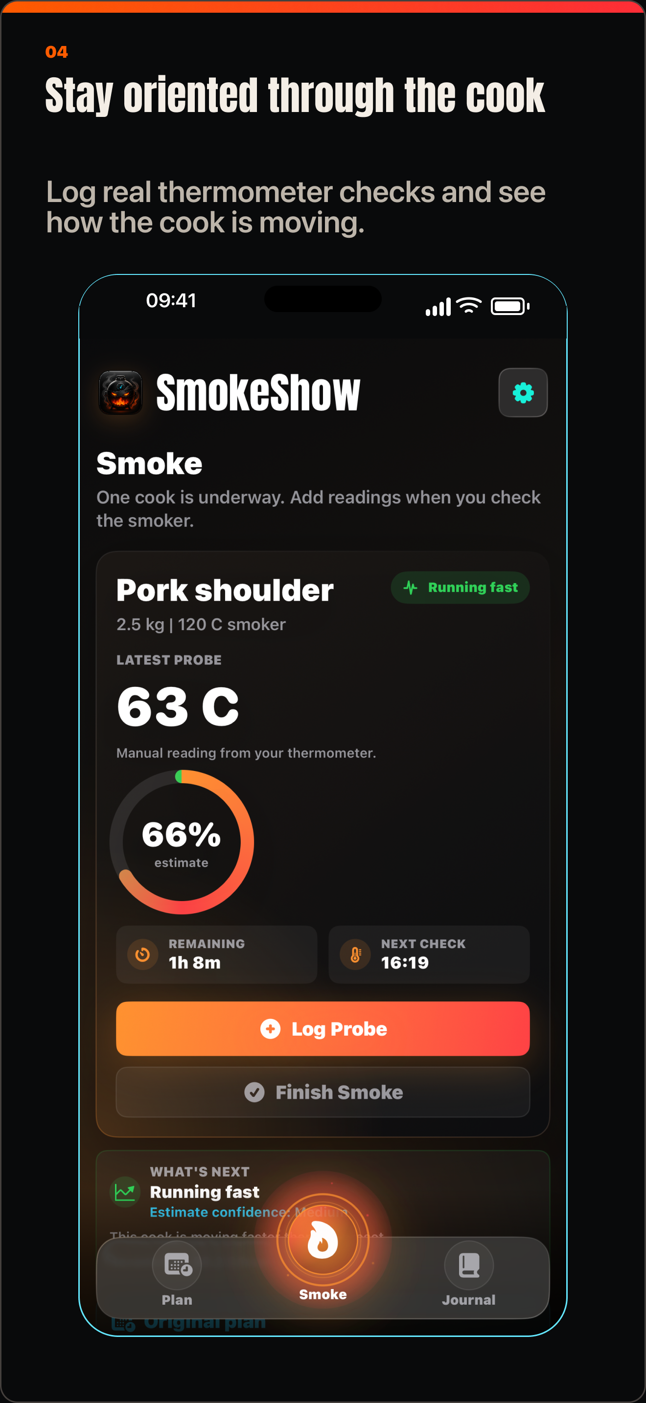 SmokeShow active cook screen showing progress based on saved manual thermometer checks