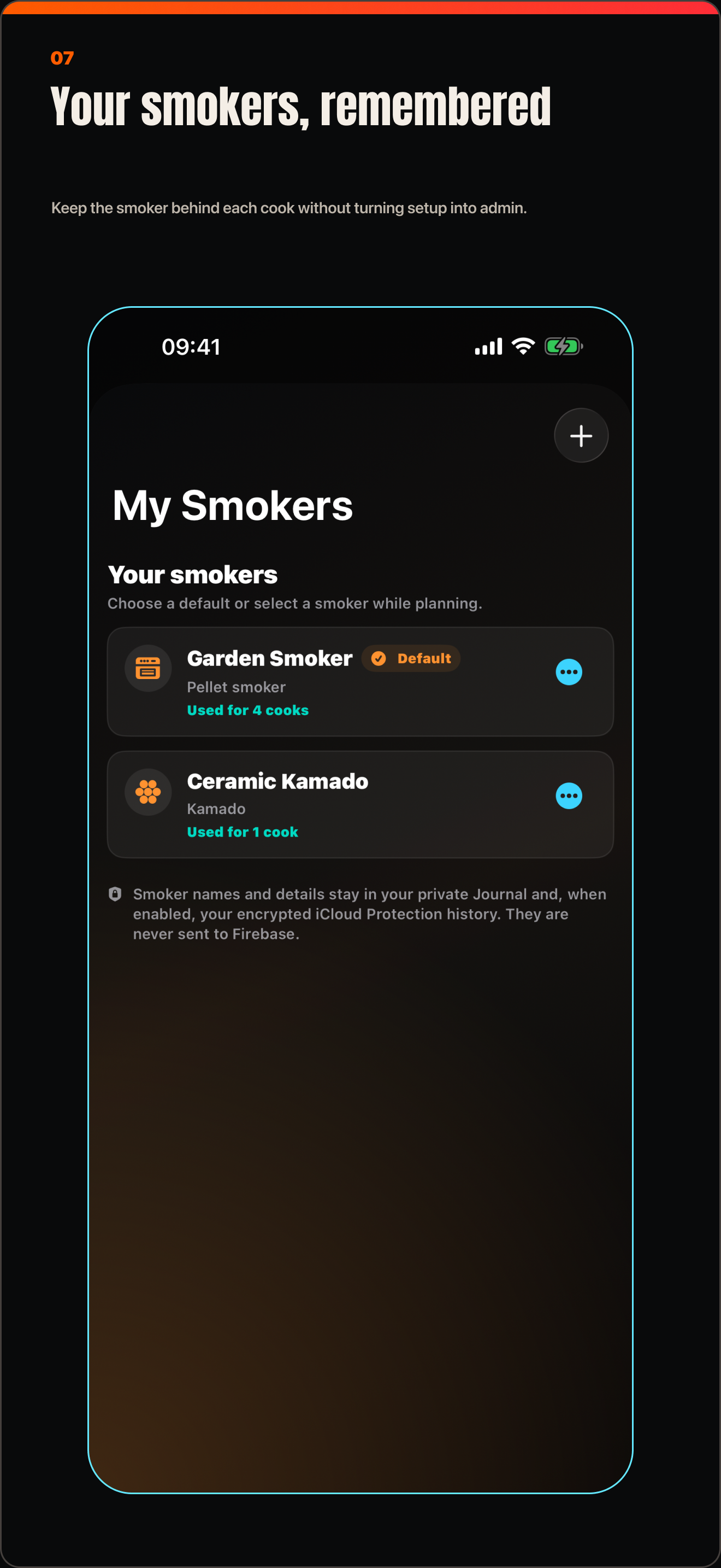 SmokeShow My Smokers screen with saved smoker profiles and a default smoker