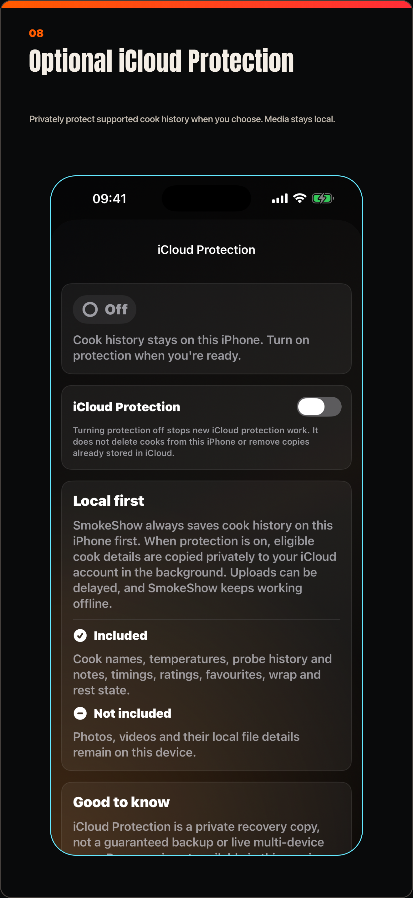 SmokeShow iCloud Protection screen explaining optional protection and that media stays local